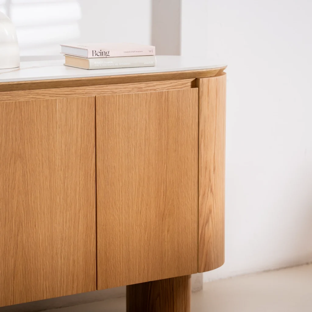 Lucerne Buffet with natural ash veneer and matte ceramic top for modern dining room storage