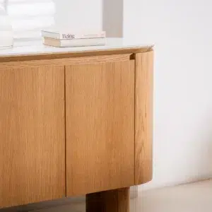 Lucerne Buffet with natural ash veneer and matte ceramic top for modern dining room storage