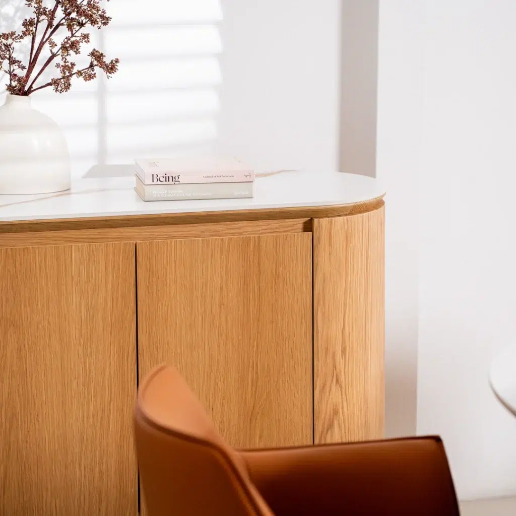 Lucerne Buffet natural ash veneer with matte ceramic marble top for dining room storage