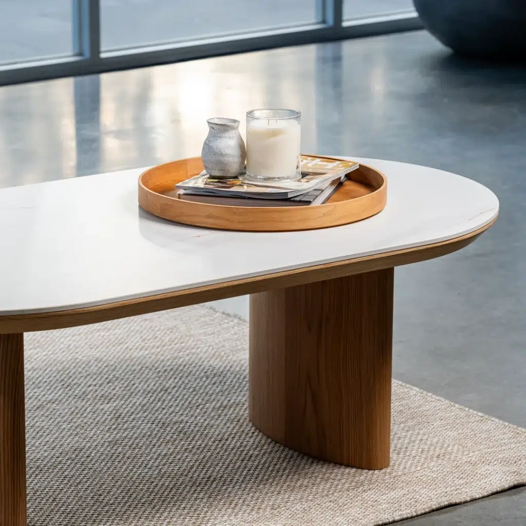 Lucerne Coffee Table with Ceramic Marble Top and Ash Veneer Legs
