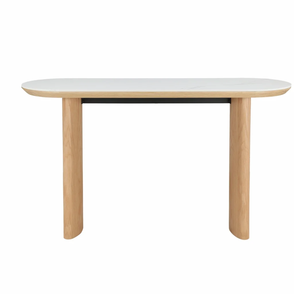 Lucerne Console Table with Natural Ash Veneer and Matte Ceramic Top in Marble Pattern