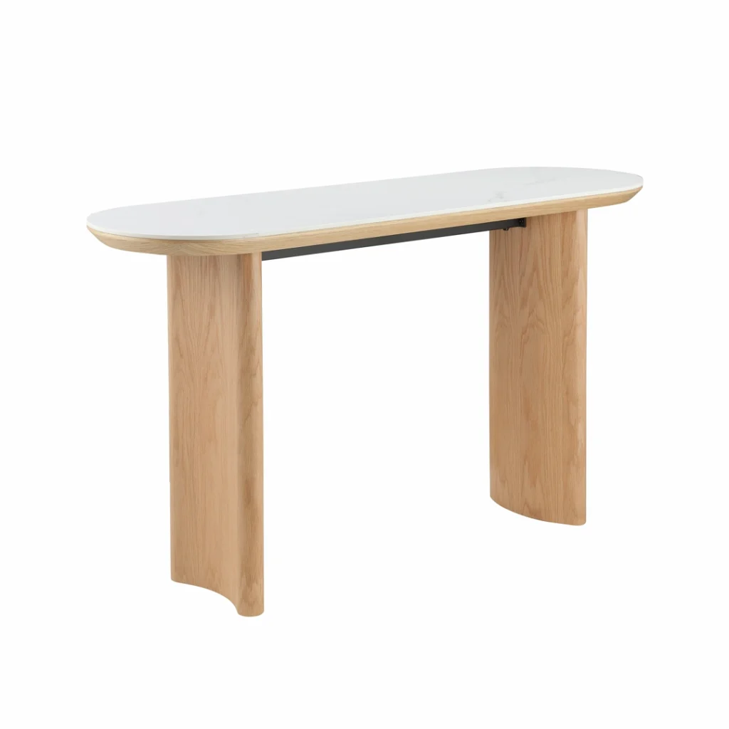 Lucerne Console Table with Natural Ash Veneer and Matte Ceramic Top in Marble Pattern