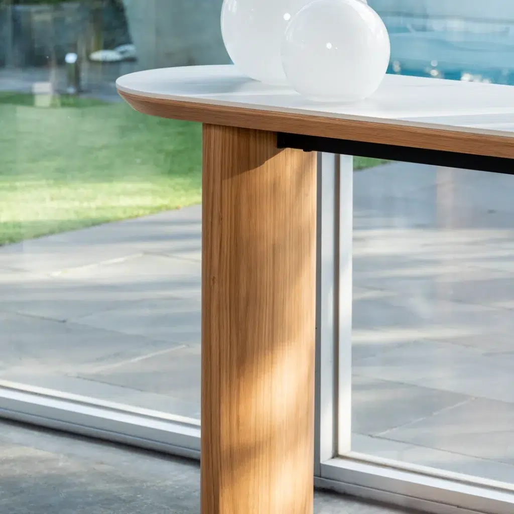 Lucerne Console Table with Natural Ash Veneer and Matte Ceramic Top in Marble Pattern