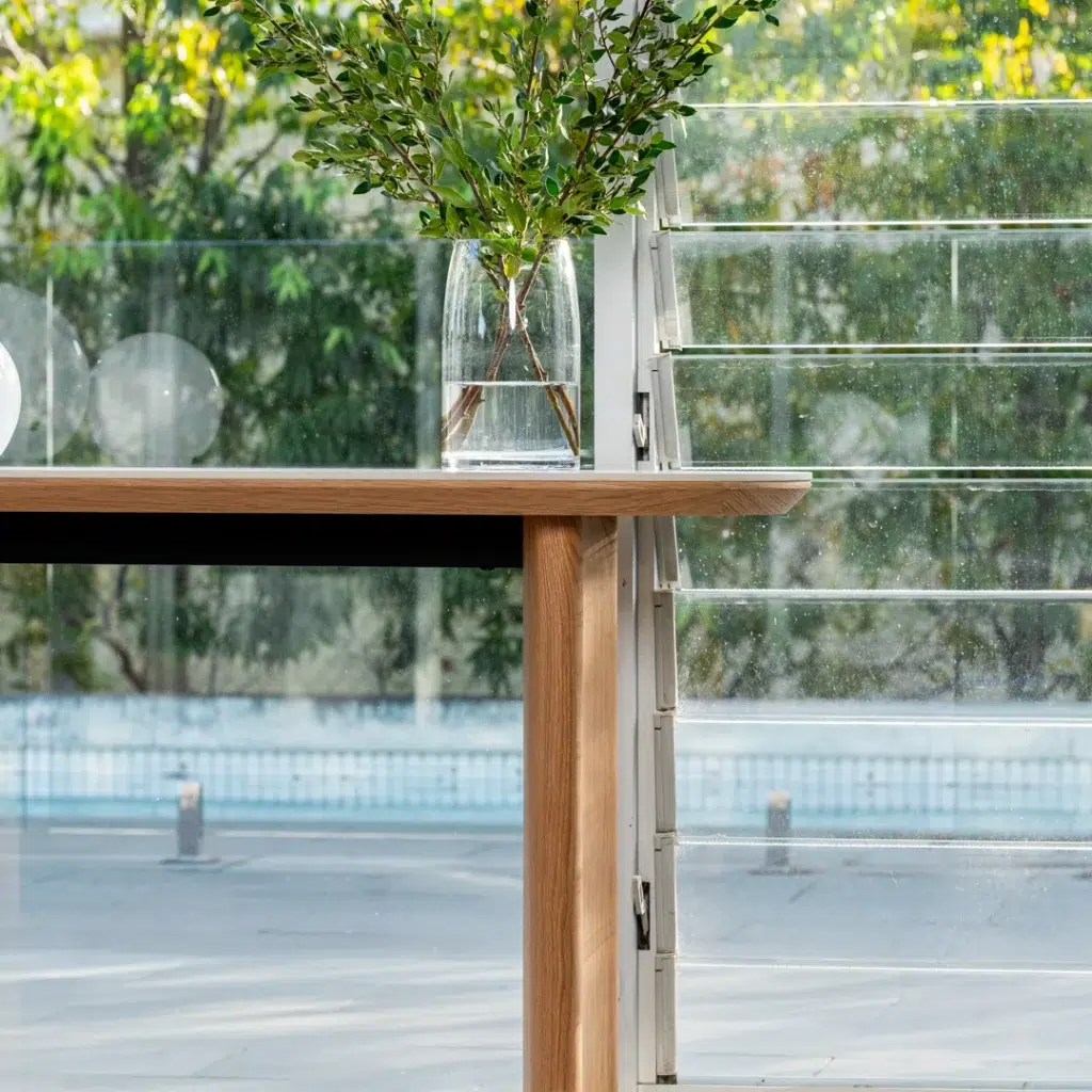 Lucerne Console Table with Natural Ash Veneer and Matte Ceramic Top in Marble Pattern