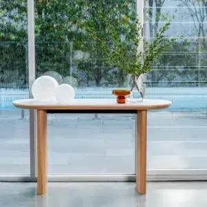 Lucerne Console Table with Natural Ash Veneer and Matte Ceramic Top in Marble Pattern