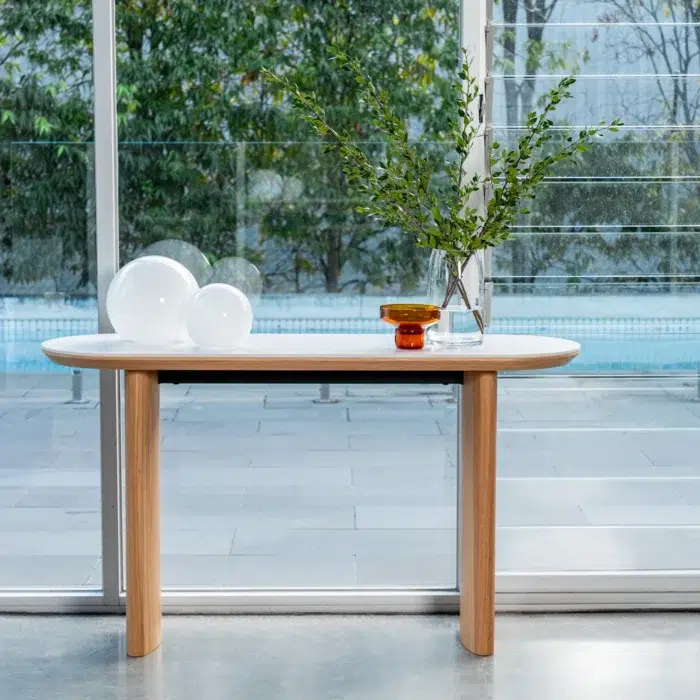Lucerne Console Table with Natural Ash Veneer and Matte Ceramic Top in Marble Pattern