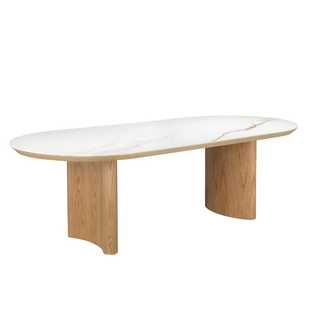 Lucerne large dining table with natural ash veneer and matte ceramic marble top