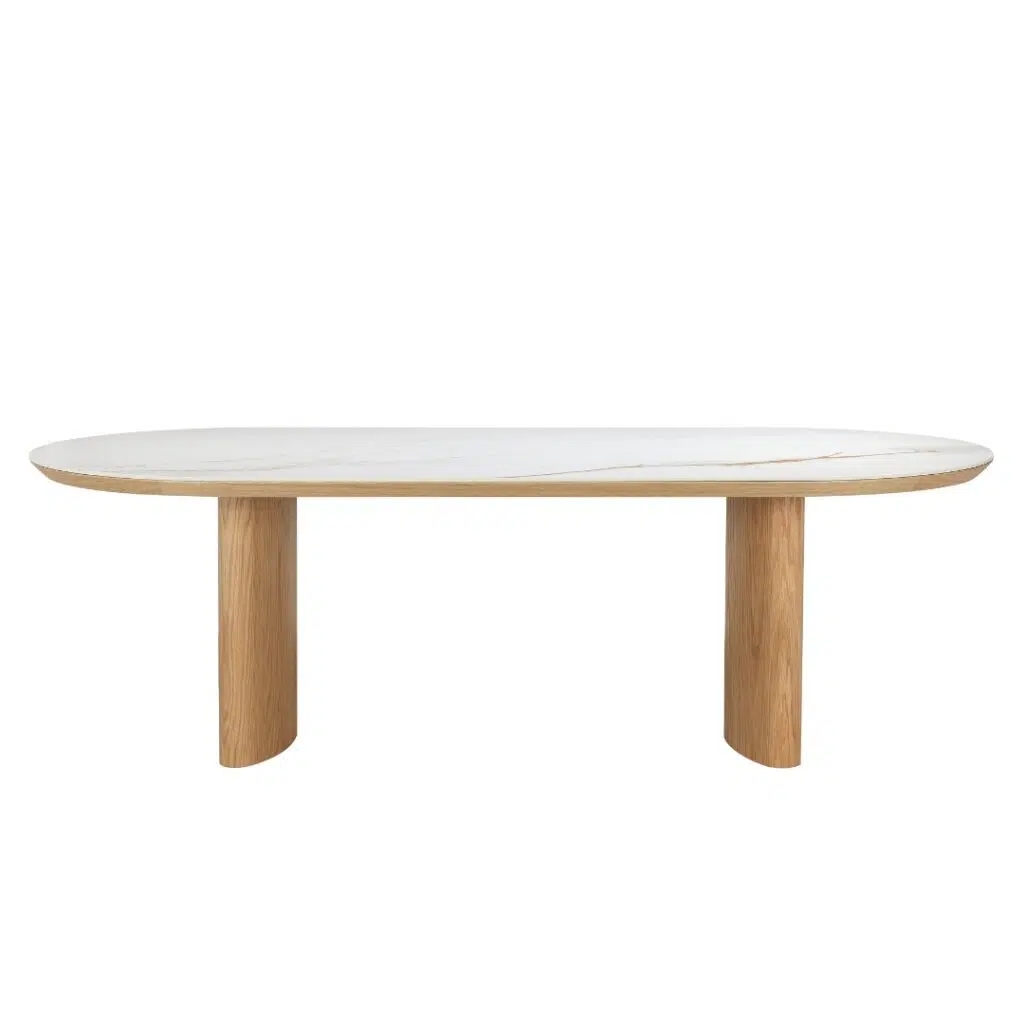 Lucerne large dining table with natural ash veneer and matte ceramic marble top