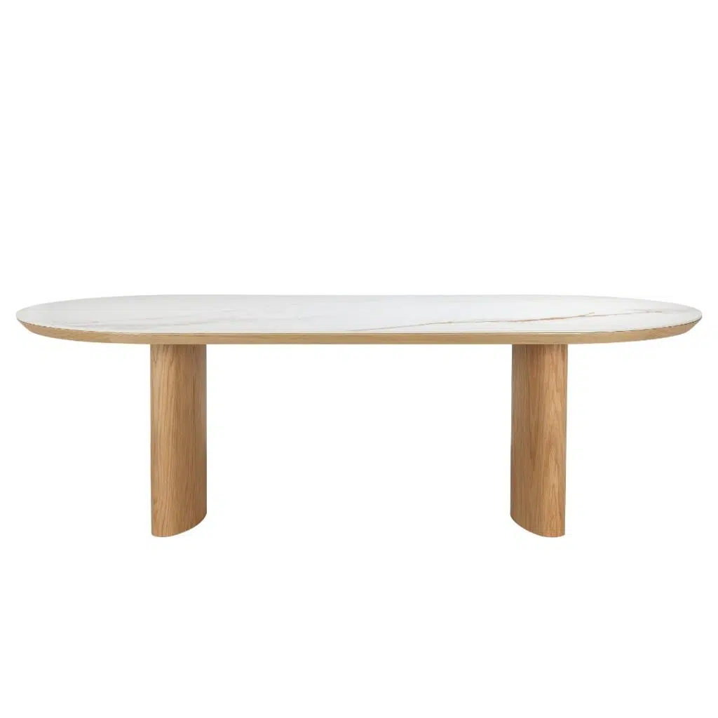 Lucerne 2.0m dining table with natural ash legs and marble-effect ceramic top