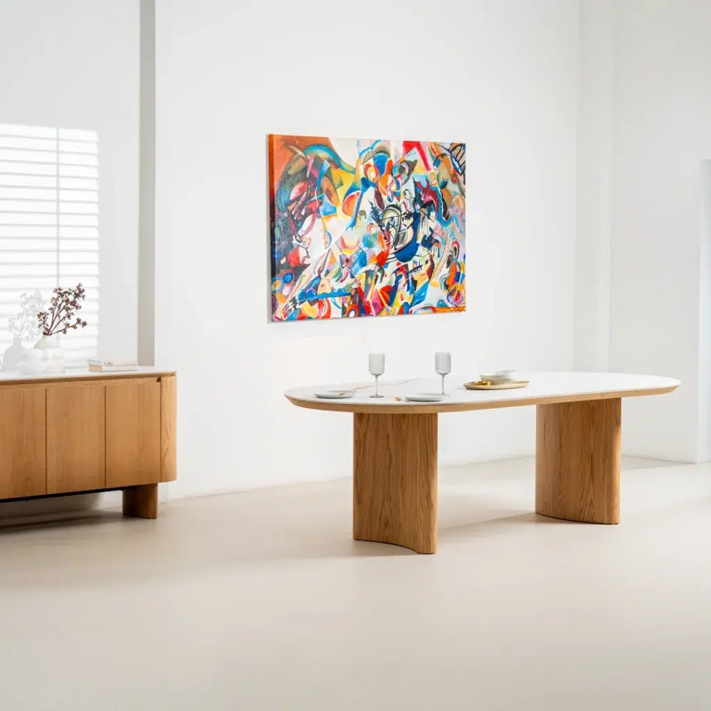 Lucerne large dining table with natural ash veneer and matte ceramic marble top