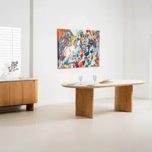 Lucerne large dining table with natural ash veneer and matte ceramic marble top