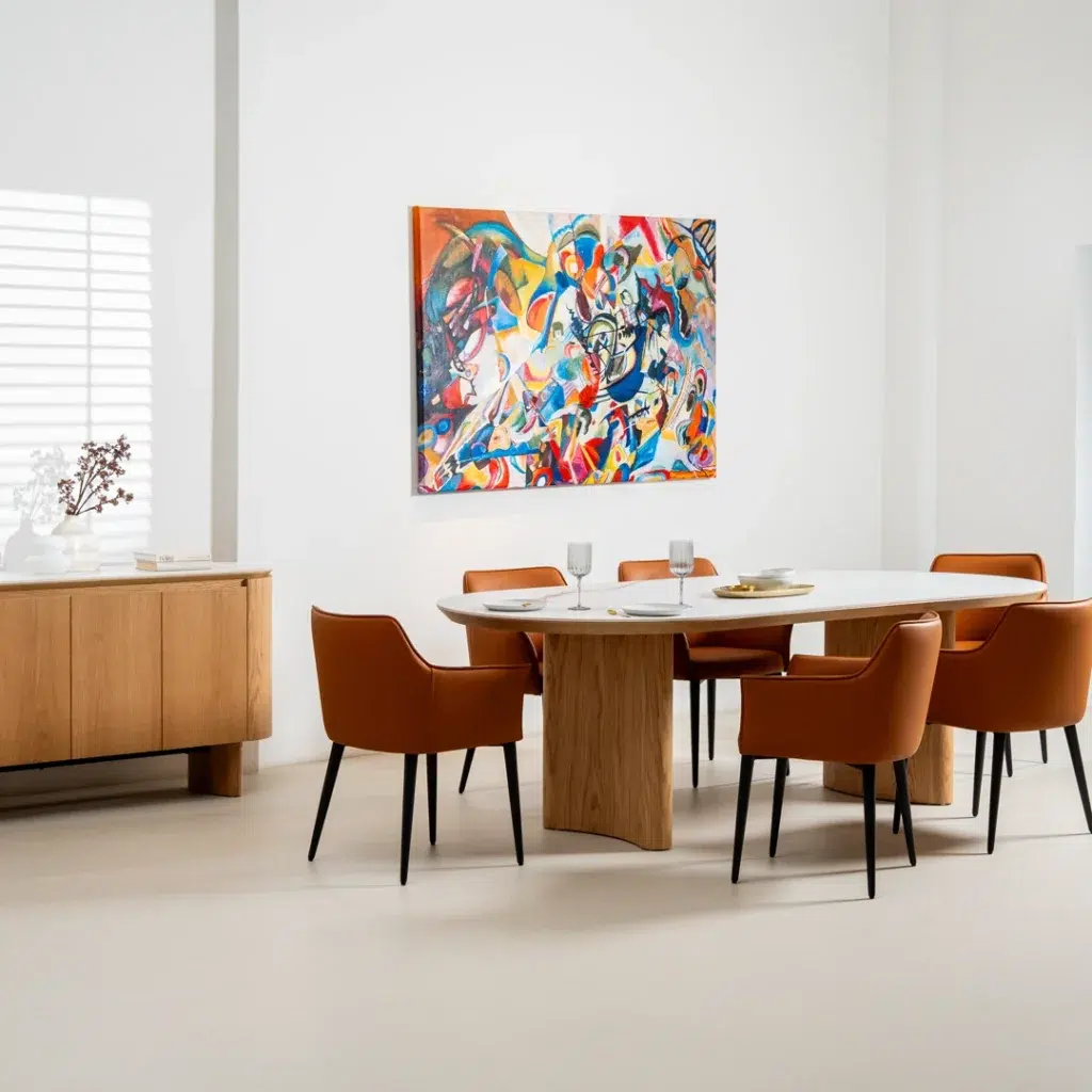 Lucerne large dining table with natural ash veneer and marble effect ceramic top