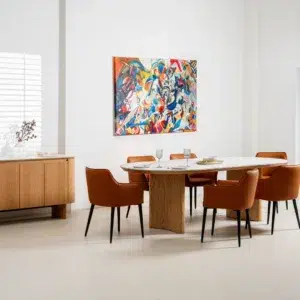 Lucerne large dining table with natural ash veneer and marble effect ceramic top