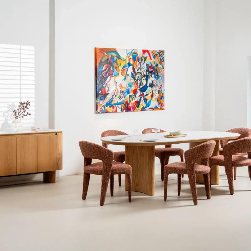 Lucerne large dining table with natural ash veneer and matte ceramic marble top for 8 guests