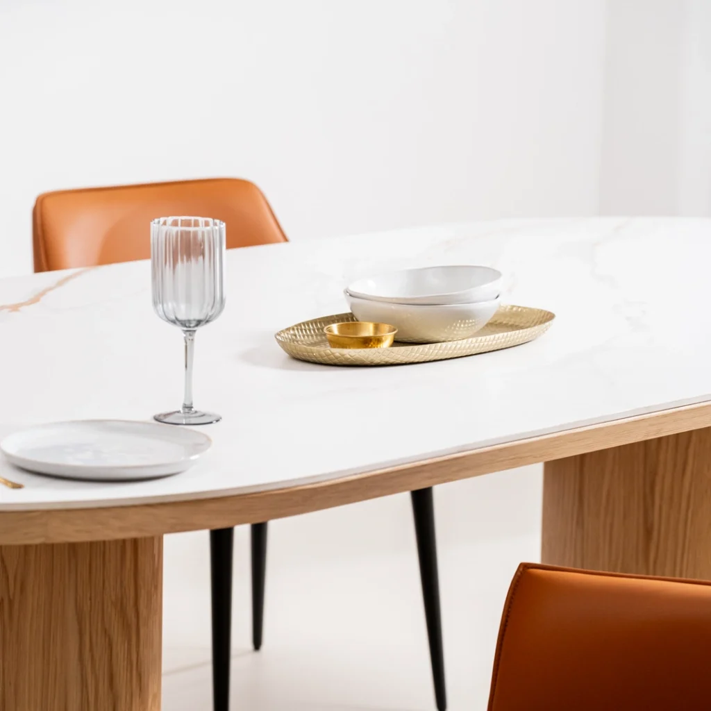 Lucerne large dining table with natural ash veneer and matte ceramic marble top