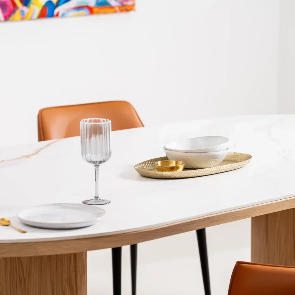 Lucerne large dining table with natural ash veneer and marble-effect ceramic top