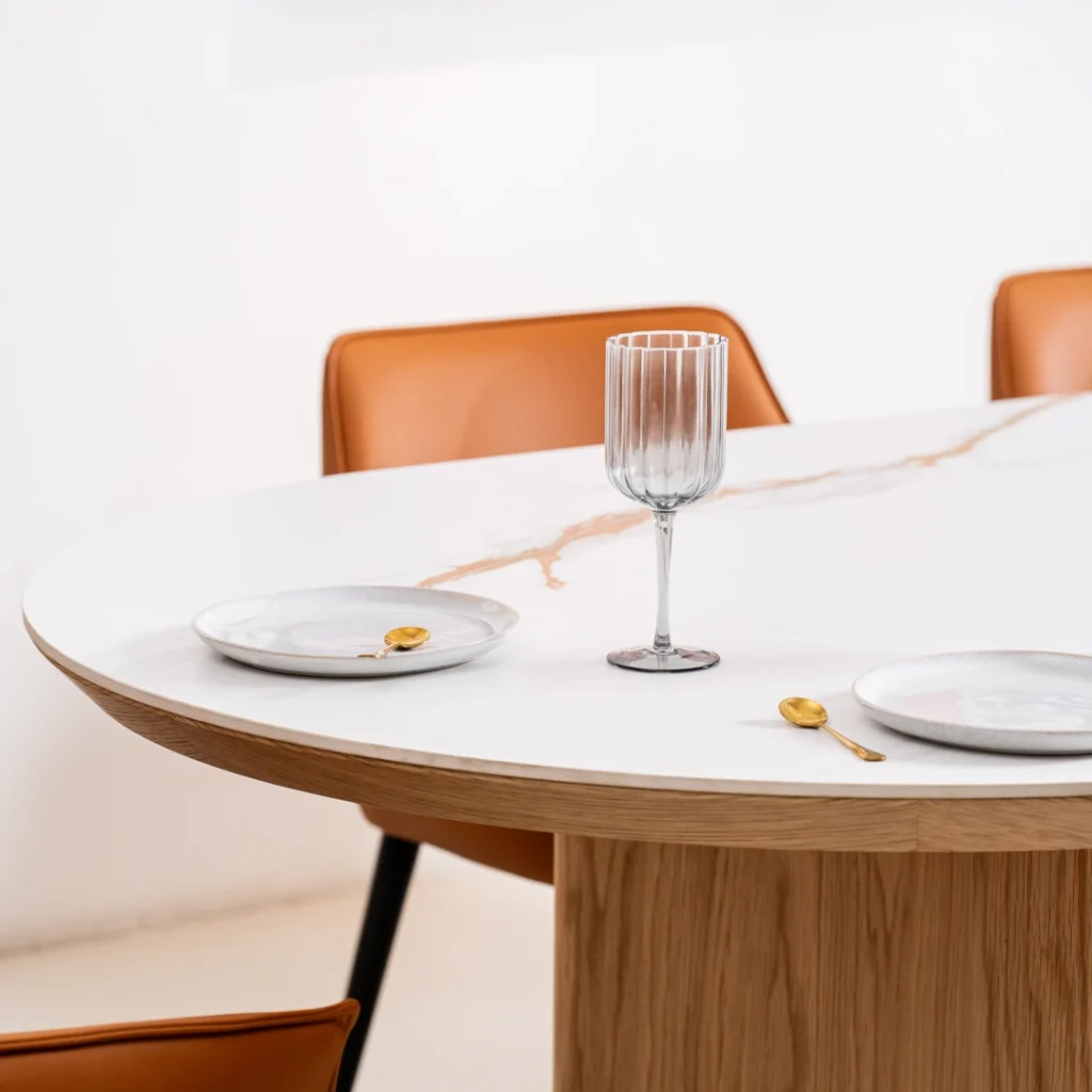 Lucerne large dining table with natural ash veneer and marble effect ceramic top