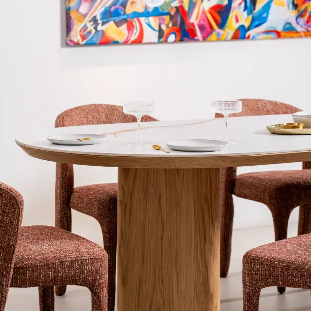 Lucerne large dining table with natural ash veneer and marble effect ceramic top