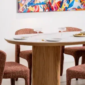 Lucerne large dining table with natural ash veneer and marble effect ceramic top