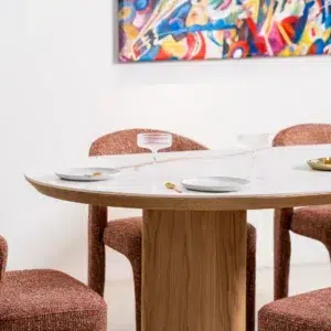 Lucerne large dining table with natural ash veneer and marble effect ceramic top