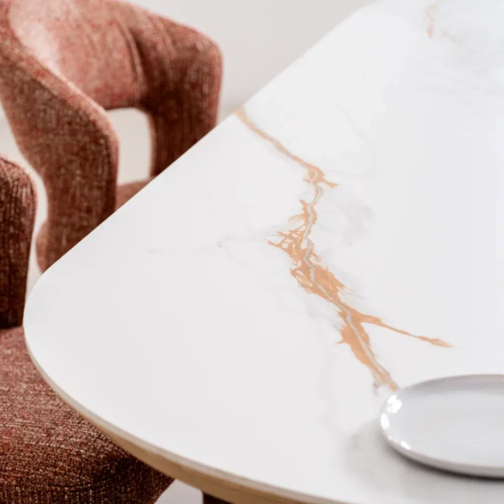 Lucerne large dining table with natural ash veneer and matte ceramic marble top