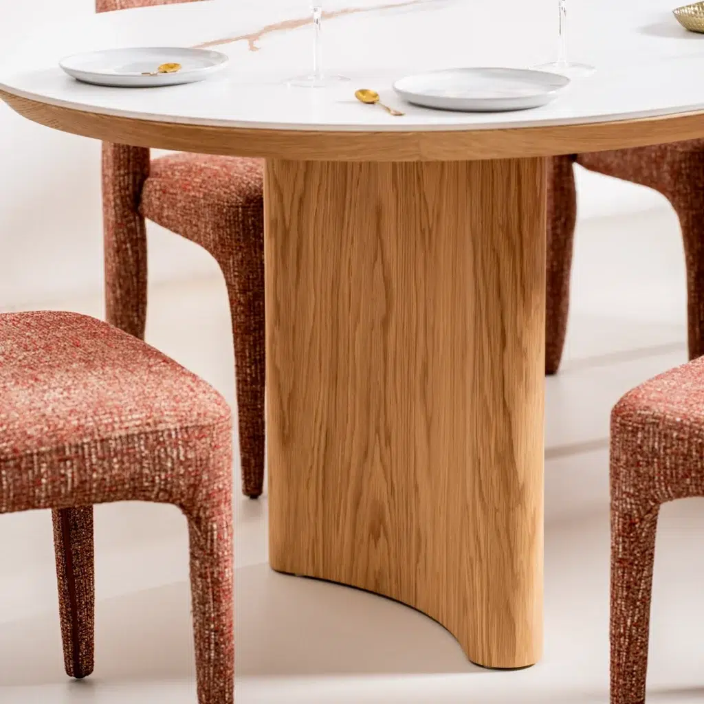 Lucerne large dining table with natural ash veneer and matte ceramic marble top