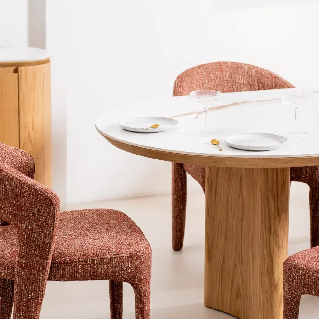 Lucerne large dining table with natural ash veneer and marble effect ceramic top