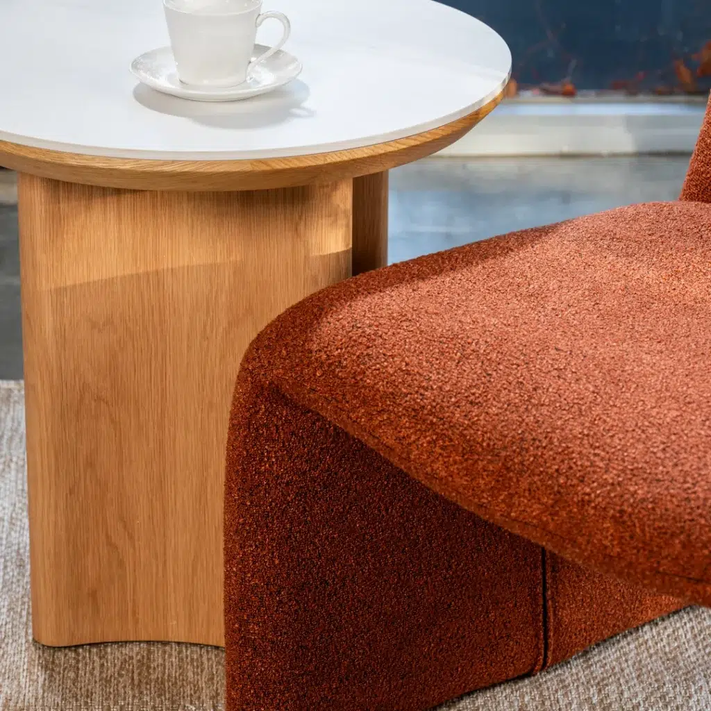 Lucerne Side Table natural ash veneer with matte ceramic top minimalist design