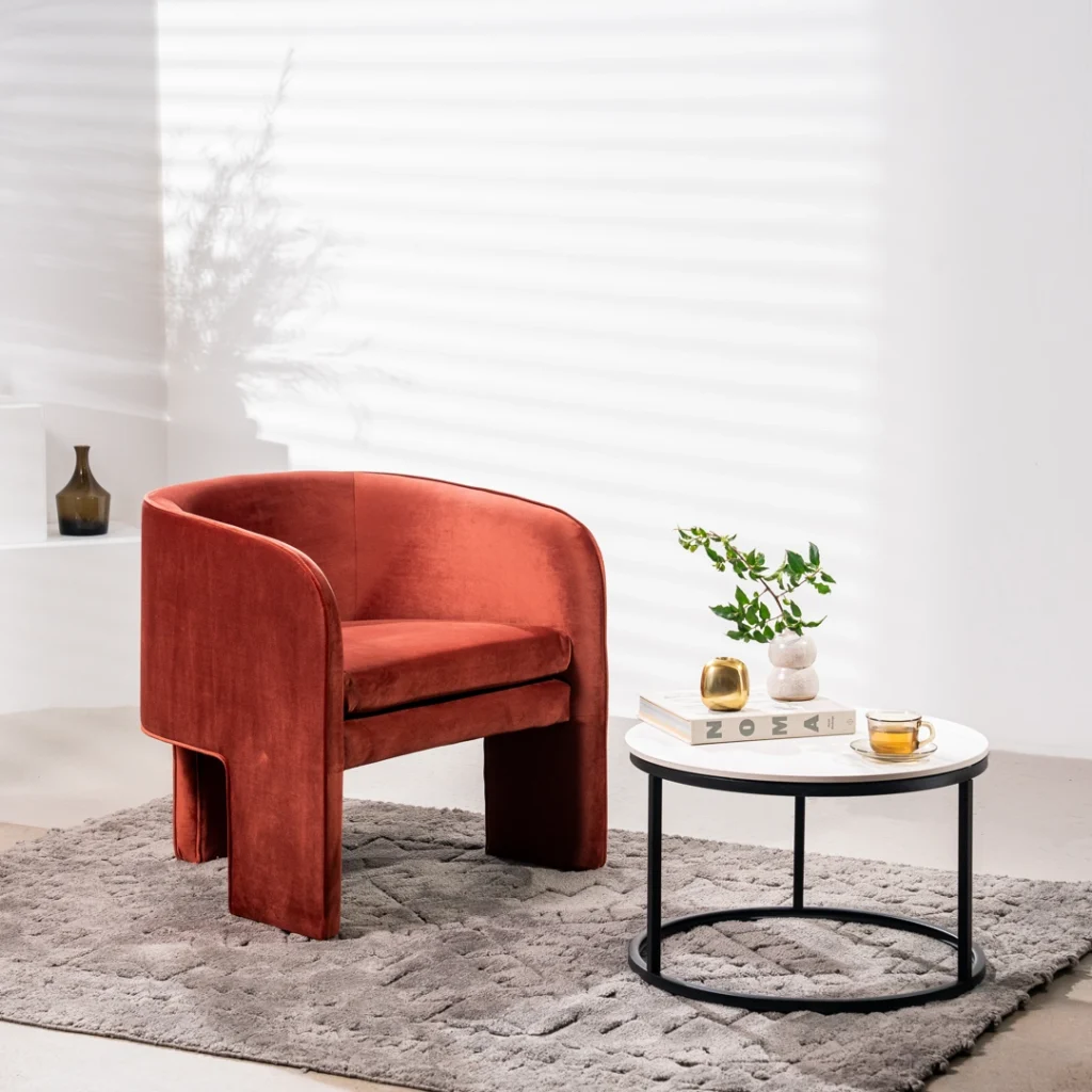 Rust velvet loft occasional chair with modern design and ergonomic seating for living room or bedroom
