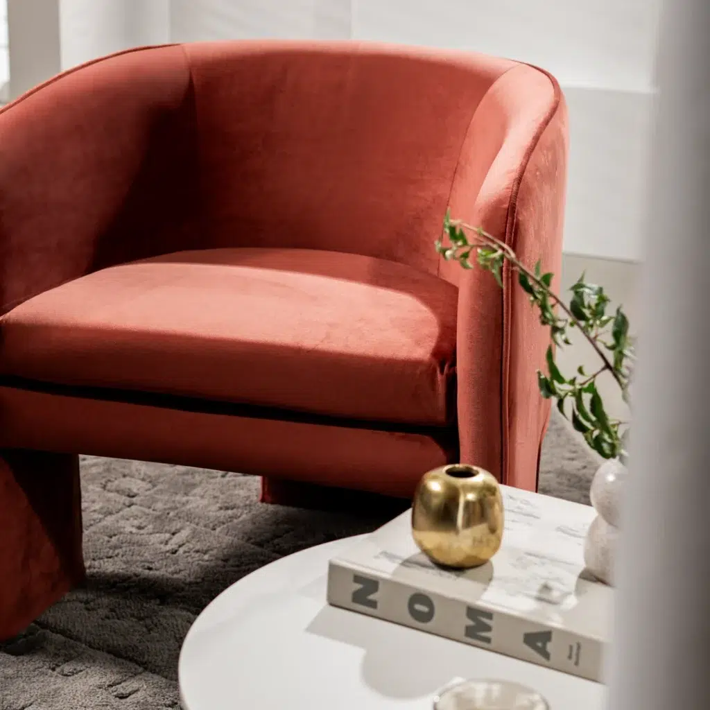 Rust velvet loft occasional chair with elegant design and ergonomic comfort for living room or bedroom