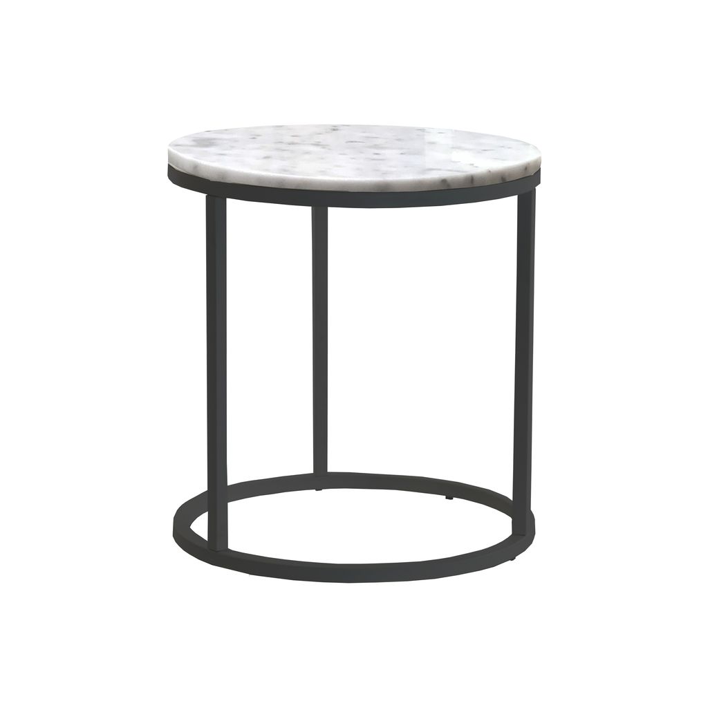 Leonardo round marble side table with sleek metal base and unique veining patterns