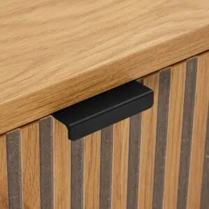 Linjer entertainment unit with elegant oak finish and black metal accents for modern living spaces