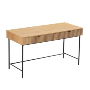 Linjer entertainment unit with oak finish black metal legs and ample storage