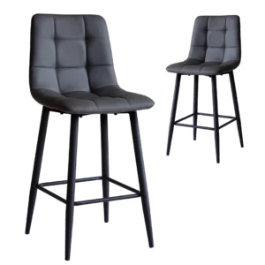 Grey Macy Bar Stools Set of 2 with Powder-Coated Metal Frame and Faux Leather Seat for Modern Kitchens