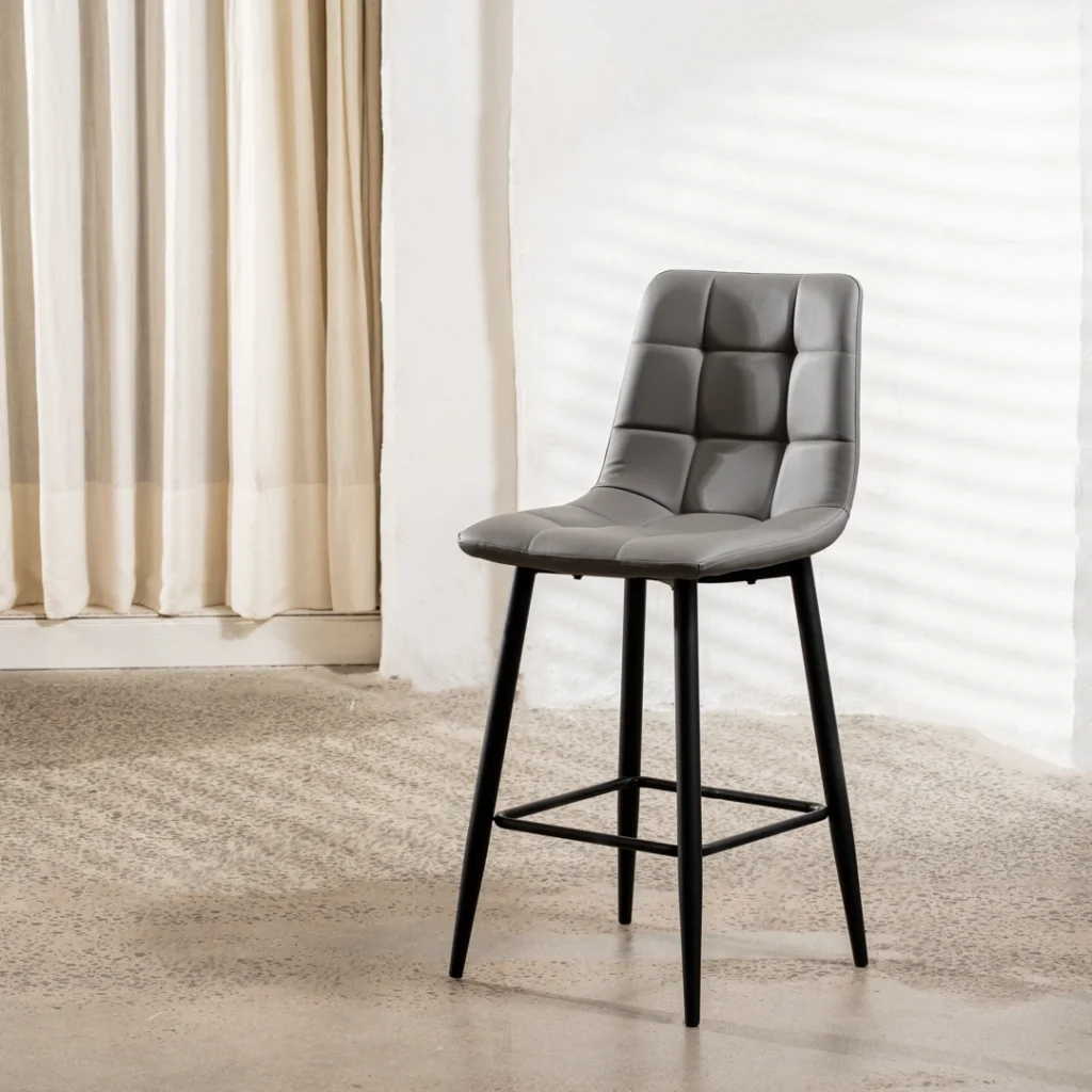 Grey Macy Bar Stools Set of 2 with Powder-Coated Metal Frame and Faux Leather Seat for Modern Kitchens