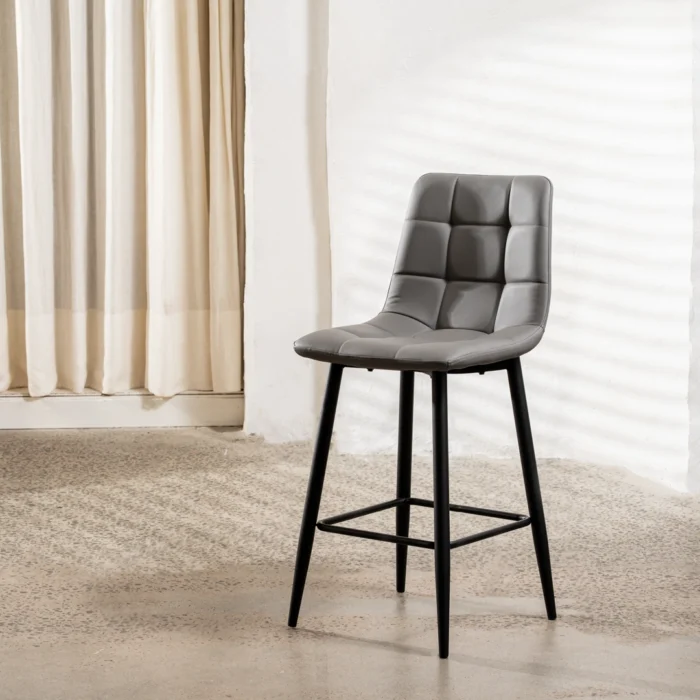 Grey Macy Bar Stools Set of 2 with Powder-Coated Metal Frame and Faux Leather Seat for Modern Kitchens