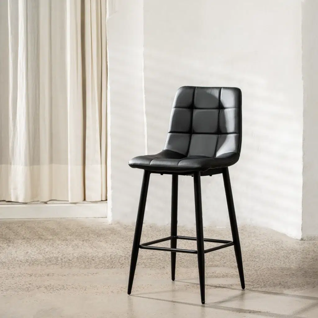 Black Macy bar stools set of 2 with faux leather seat and metal frame for kitchen island