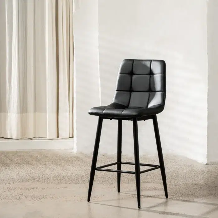 Black Macy bar stools set of 2 with faux leather seat and metal frame for kitchen island