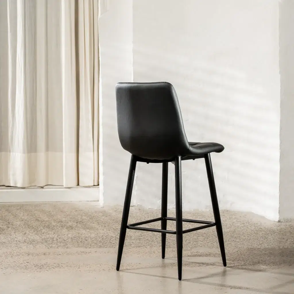 Black Macy bar stools set of 2 with faux leather seat and metal frame for kitchen island