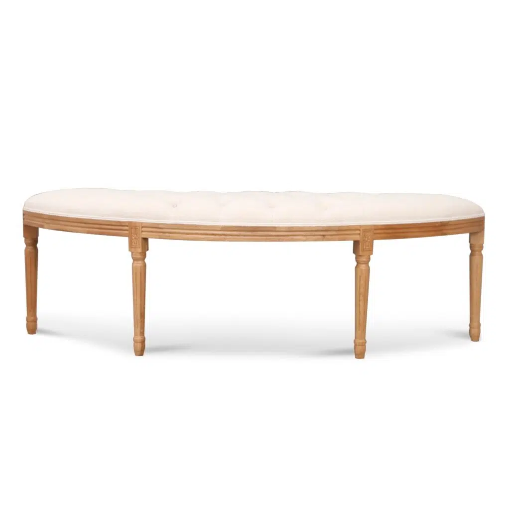 Milo 148cm oak bench with light beige upholstery and fluted wood legs for modern interiors