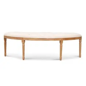 Milo 148cm oak bench with light beige upholstery and fluted wood legs for modern interiors