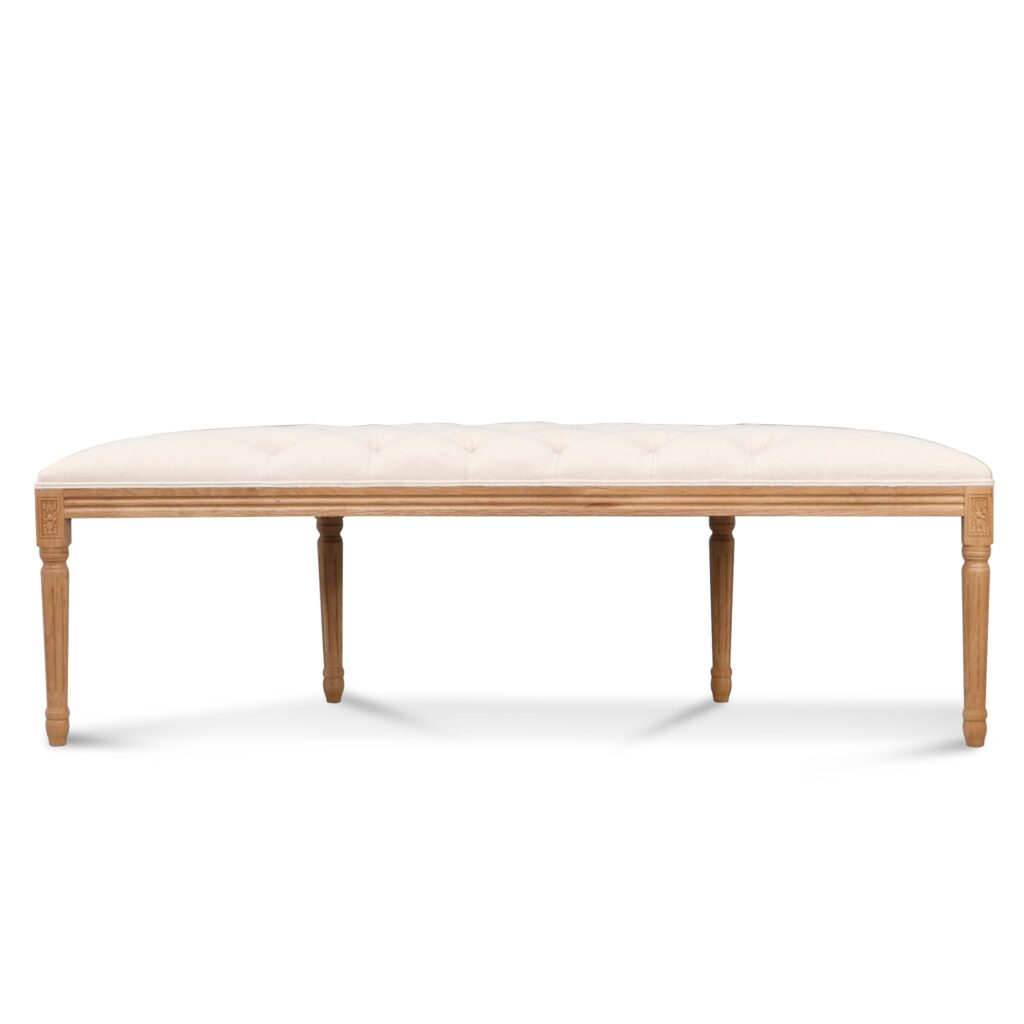 Milo 148cm oak bench with light beige upholstery and fluted wood legs for modern interiors