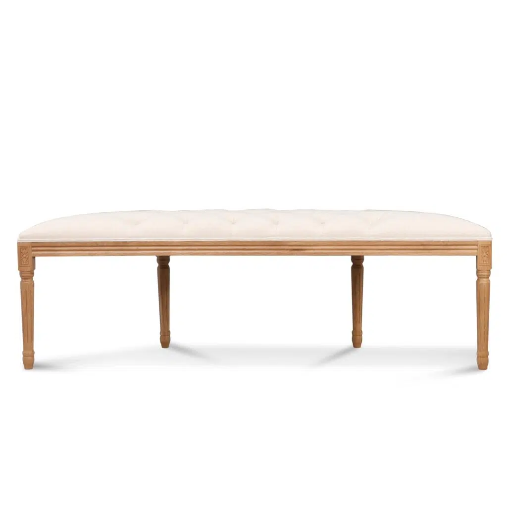 Milo 148cm oak bench with light beige upholstery and fluted wood legs for modern interiors