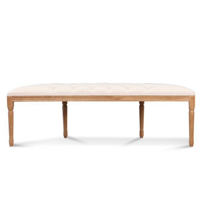 Milo 148cm oak bench with light beige upholstery and fluted wood legs for modern interiors