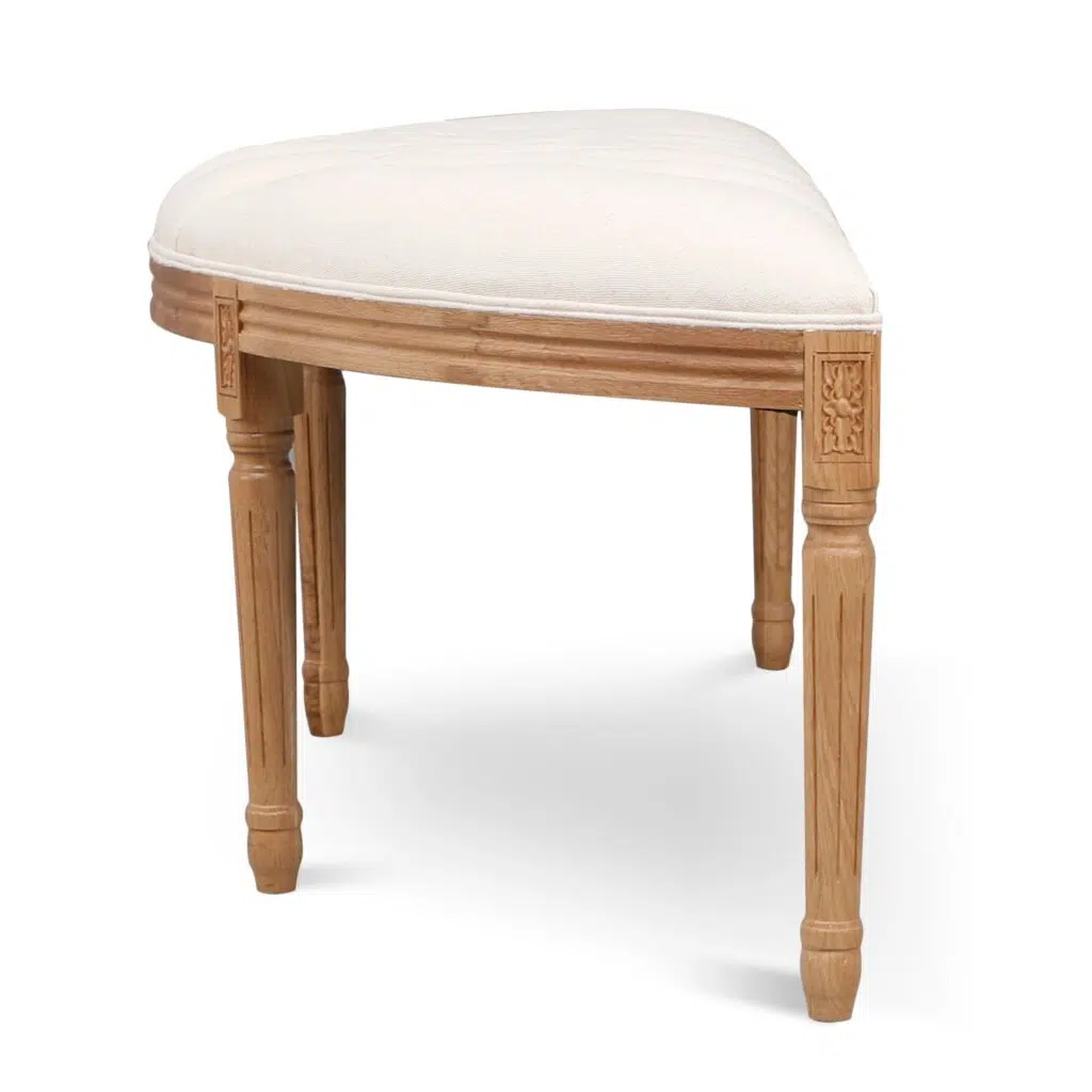 Milo 148cm oak bench with light beige upholstery and fluted wood legs for modern interiors