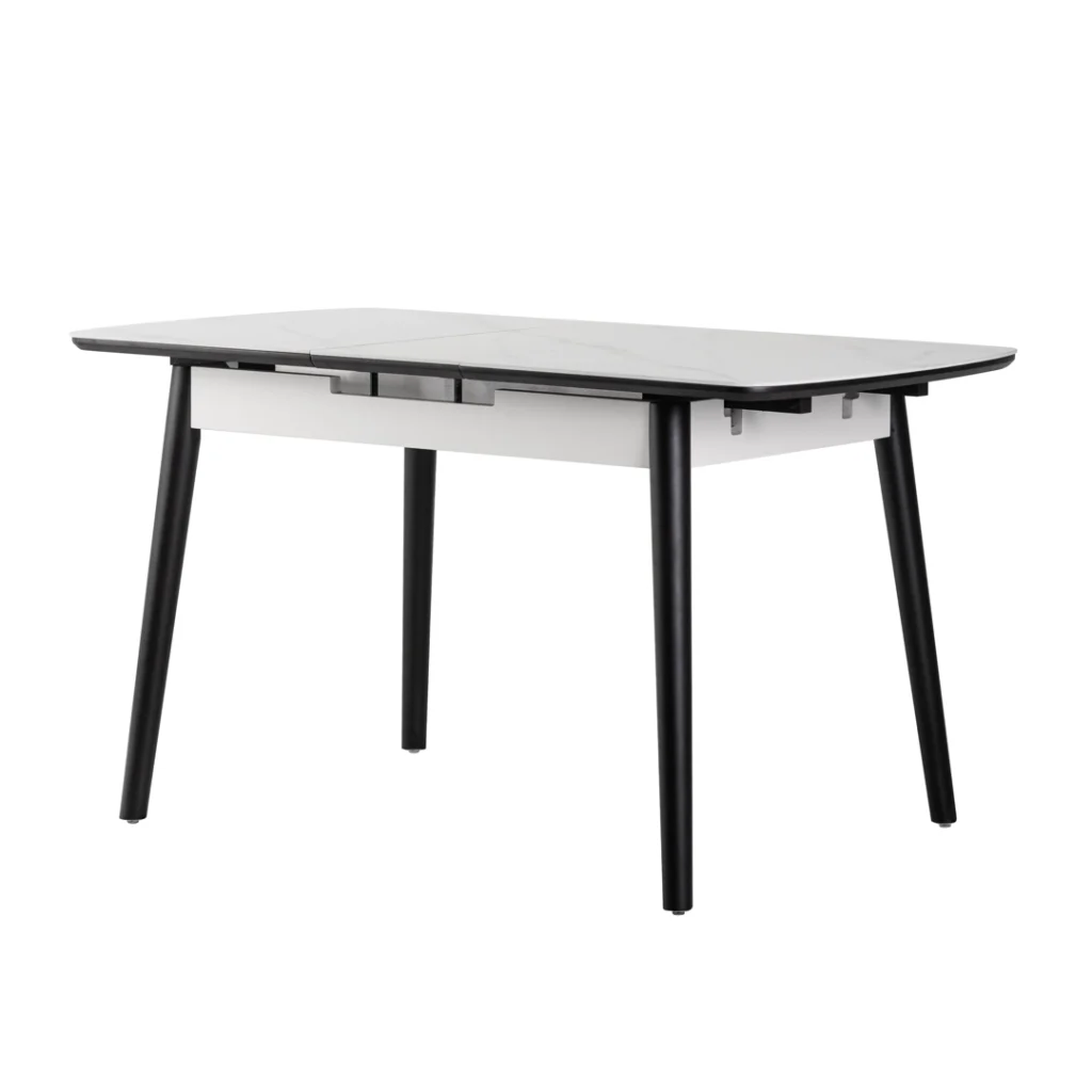 Mila Snow White Ceramic Extendable Dining Table with Marble Effect and Black Rubberwood Frame