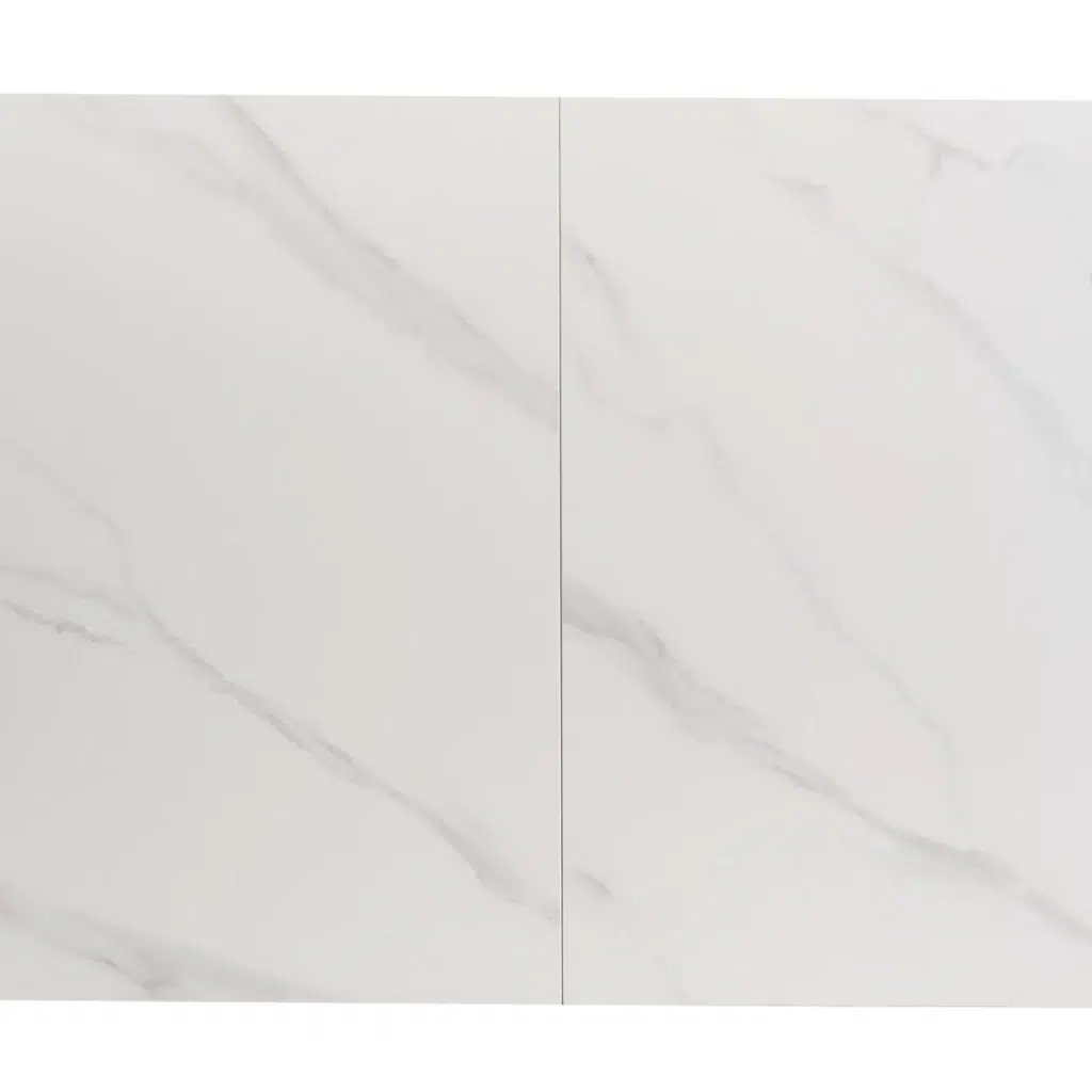 Mila Snow White Ceramic Extendable Dining Table with Marble Effect and Black Rubberwood Frame