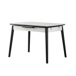 Mila Extension Dining Table Snow White Ceramic Marble Effect with Black Rubberwood Frame