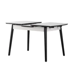 Mila Snow White Ceramic Extendable Dining Table with Marble Effect and Black Rubberwood Frame