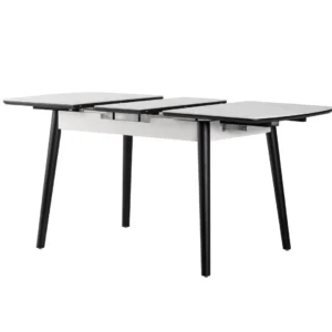 Mila Snow White Ceramic Extendable Dining Table with Marble Effect and Black Rubberwood Frame